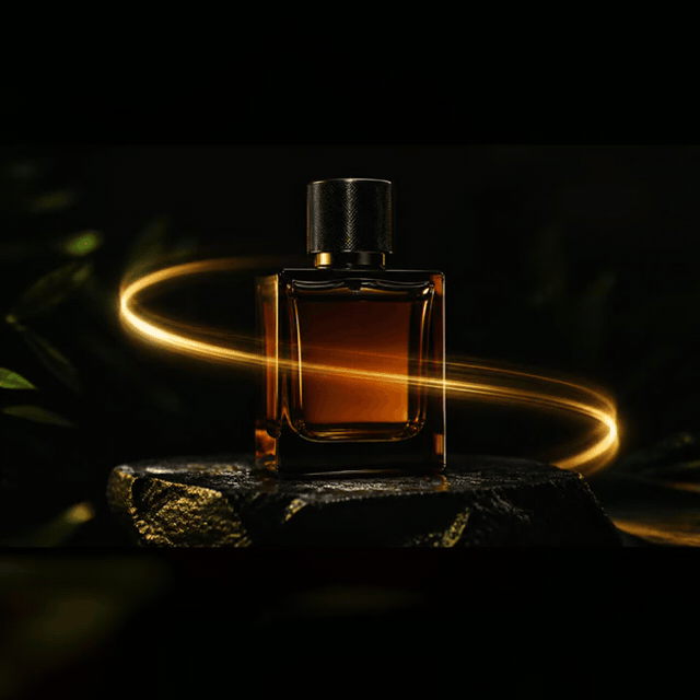Animated amber perfume bottle product shot created as a short AI commercial example
