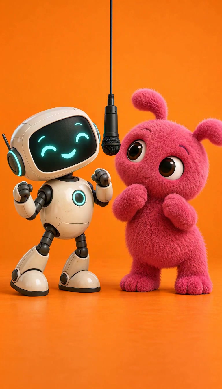 A friendly ivory robot and a pink plush alien make small dance gestures around a hanging black microphone in an orange studio.