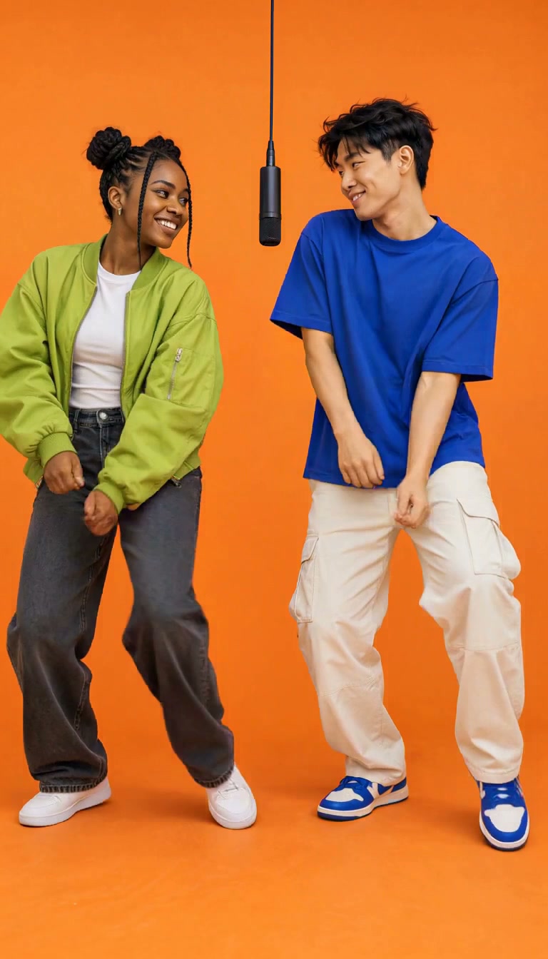 Two original young adult friends in a lime jacket and cobalt T-shirt dance beside a hanging black microphone in an orange studio.
