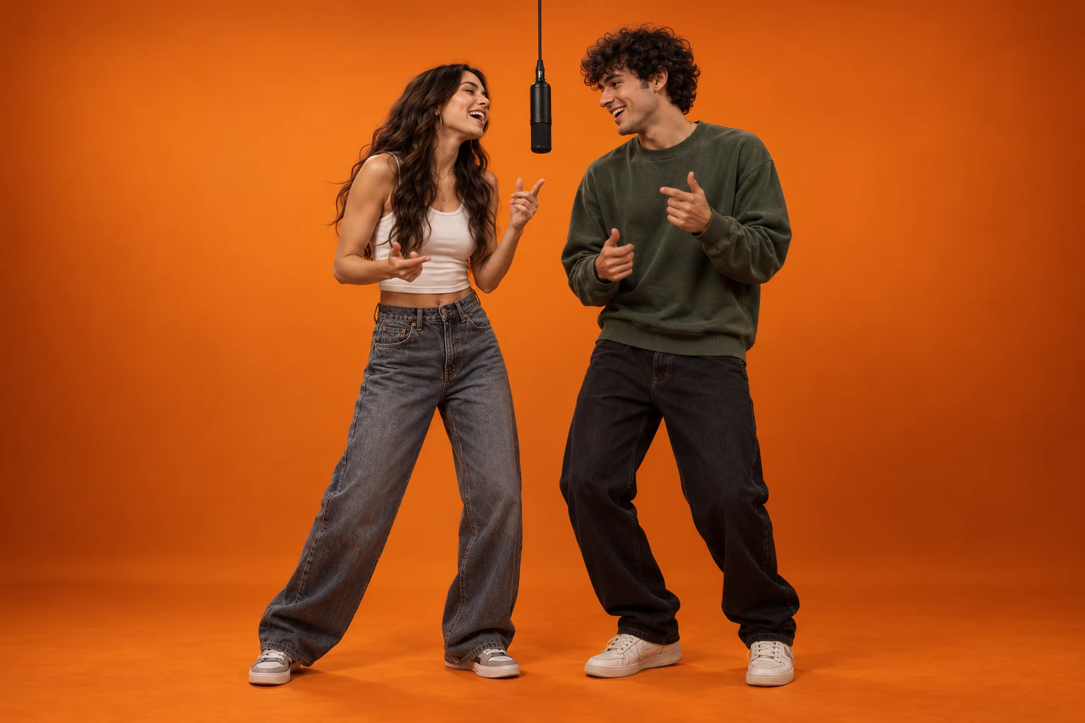 Two original adult friends in an orange performance booth with a central hanging microphone