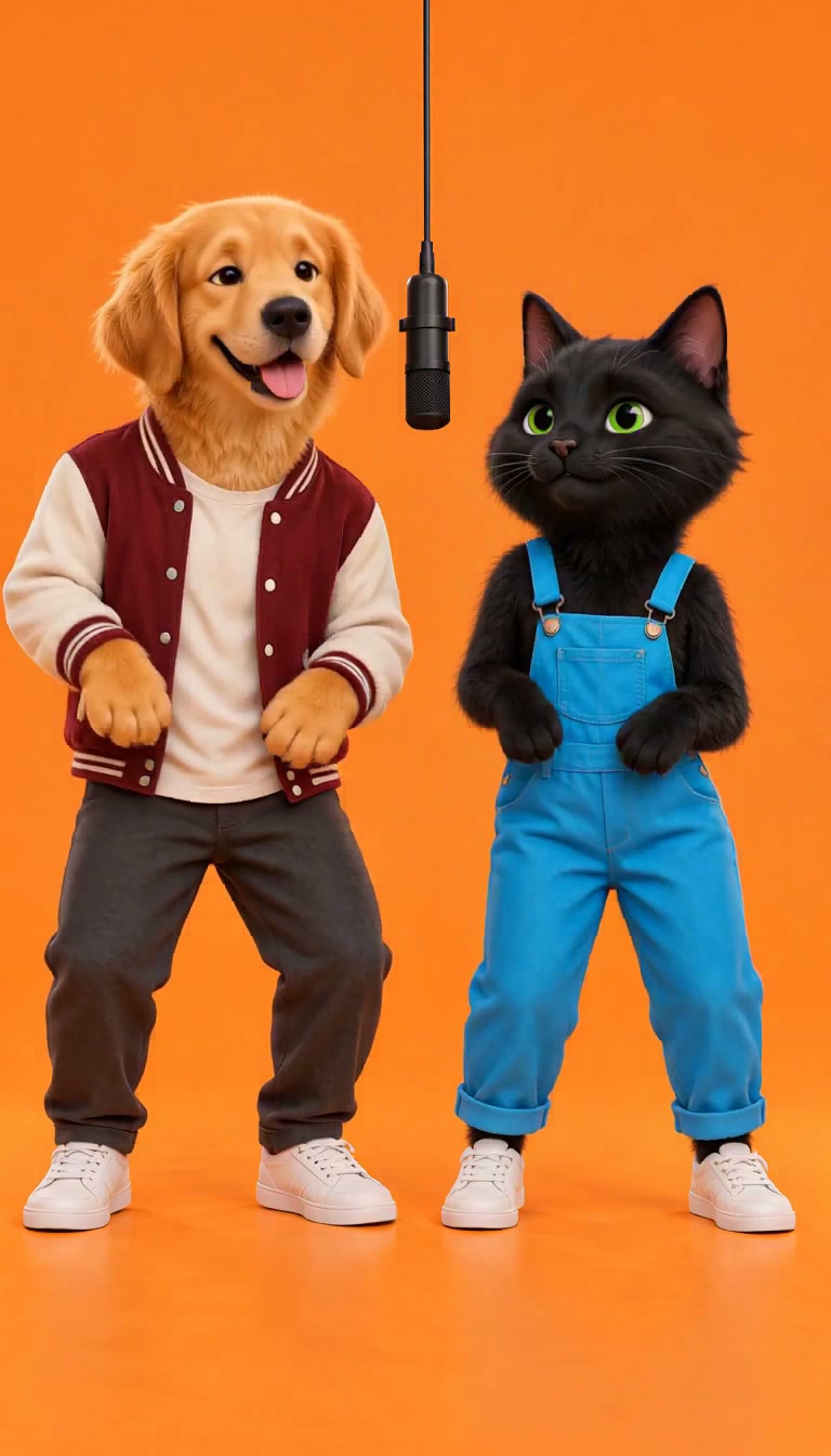 An original golden retriever in a varsity jacket and a black cat in blue overalls sway around a hanging black microphone in an orange studio.
