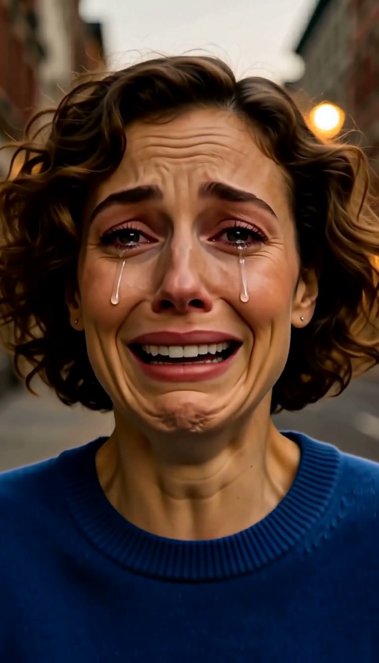 Original fictional adult woman with curly brown hair and a cobalt sweater in a warm dusk portrait