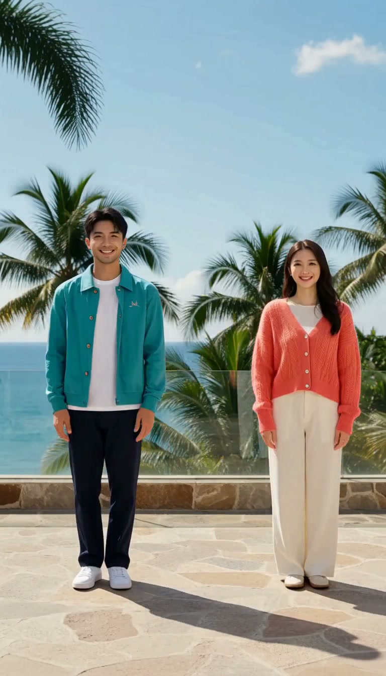 Two fictional adult friends in teal and coral perform an original side-step dance on a tropical terrace